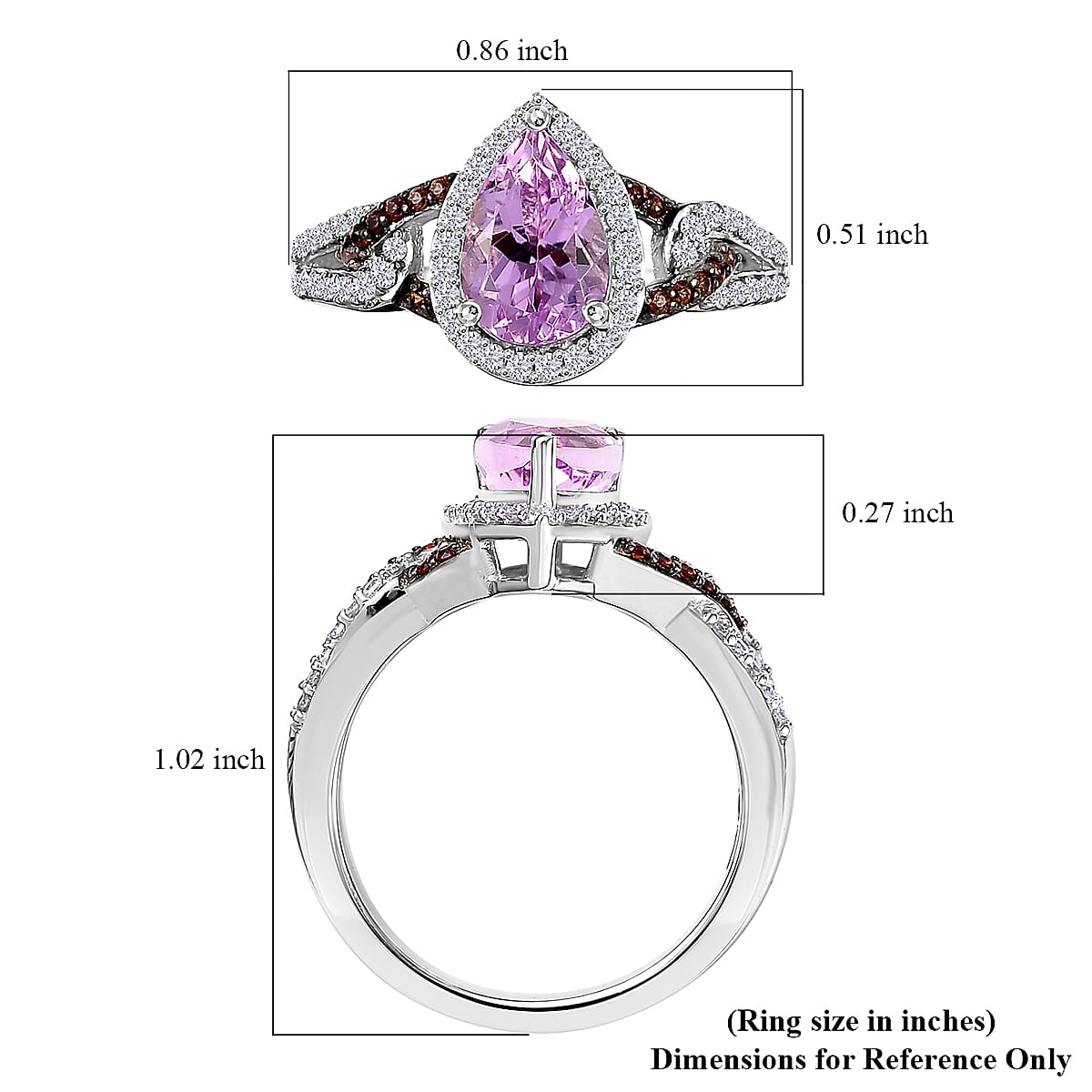 Premium Martha Rocha Kunzite, Brown and White Zircon Ring in Rhodium Over Sterling Silver (Size 10.0) 2.20 ctw image number 5