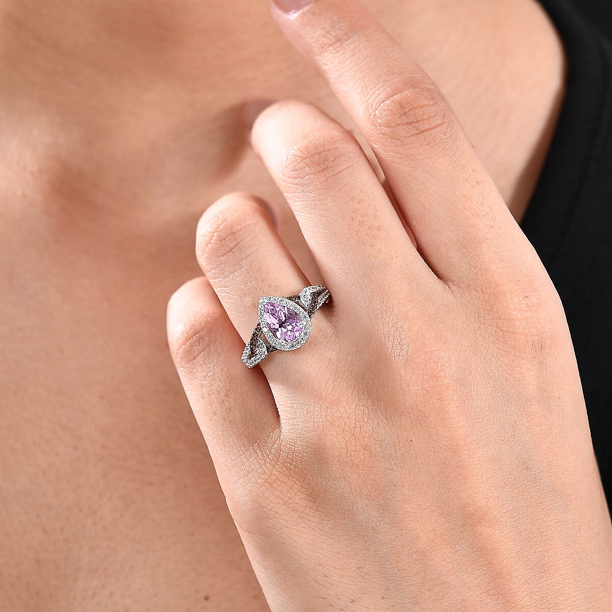 D'Joy Martha Rocha Kunzite, Brown and White Zircon 2.20 ctw Forever Ring in Rhodium Over Sterling Silver (Size 6.0) image number 2