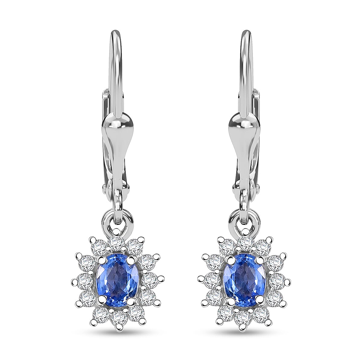 Ceylon Blue Sapphire and White Zircon 0.85 ctw Starburst Earrings in Rhodium Over Sterling Silver