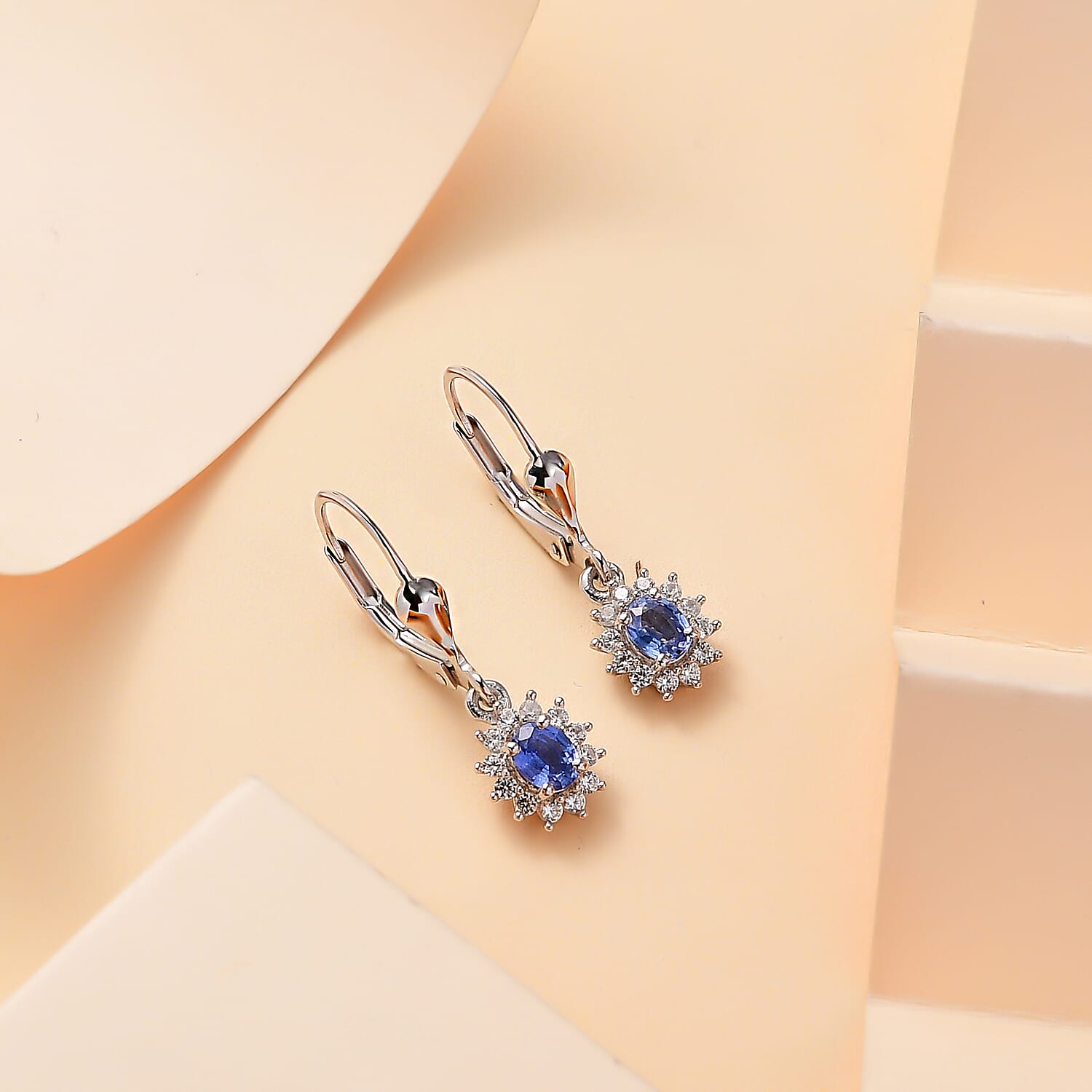 Ceylon Blue Sapphire and White Zircon 0.85 ctw Starburst Earrings in Rhodium Over Sterling Silver