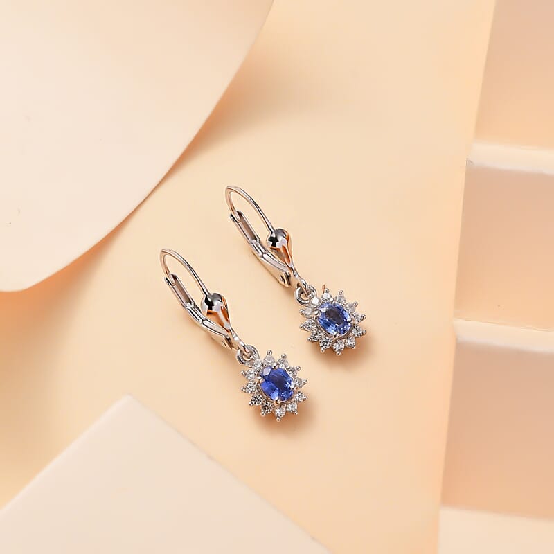 Ceylon Blue Sapphire and White Zircon 0.85 ctw Starburst Earrings in Rhodium Over Sterling Silver