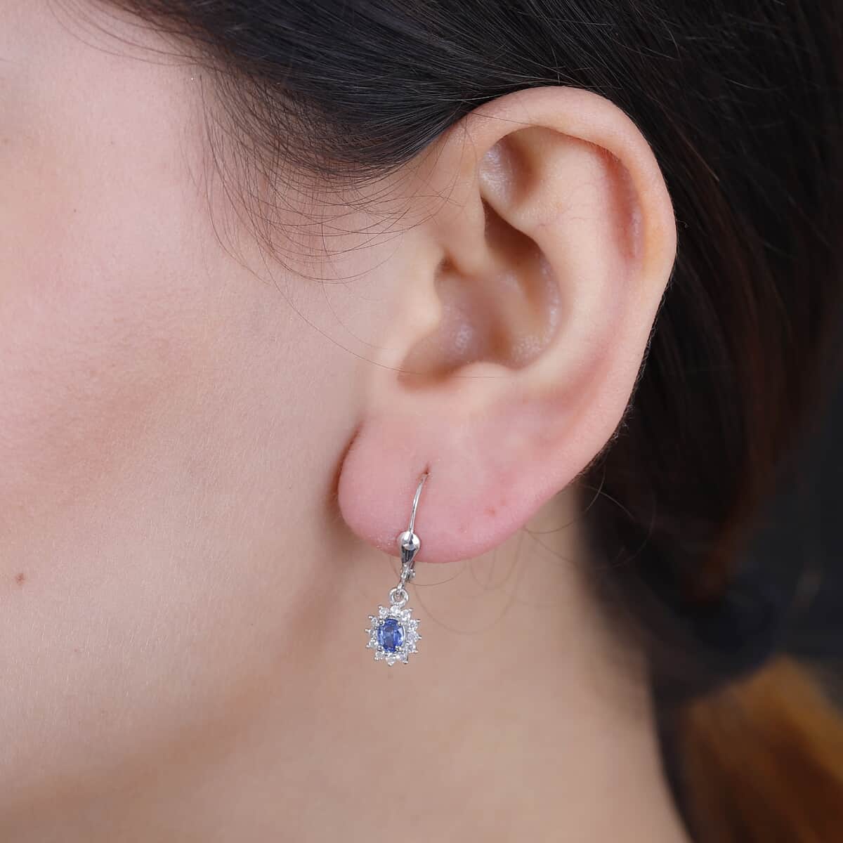 Ceylon Blue Sapphire and White Zircon 0.85 ctw Starburst Earrings in Rhodium Over Sterling Silver image number 2