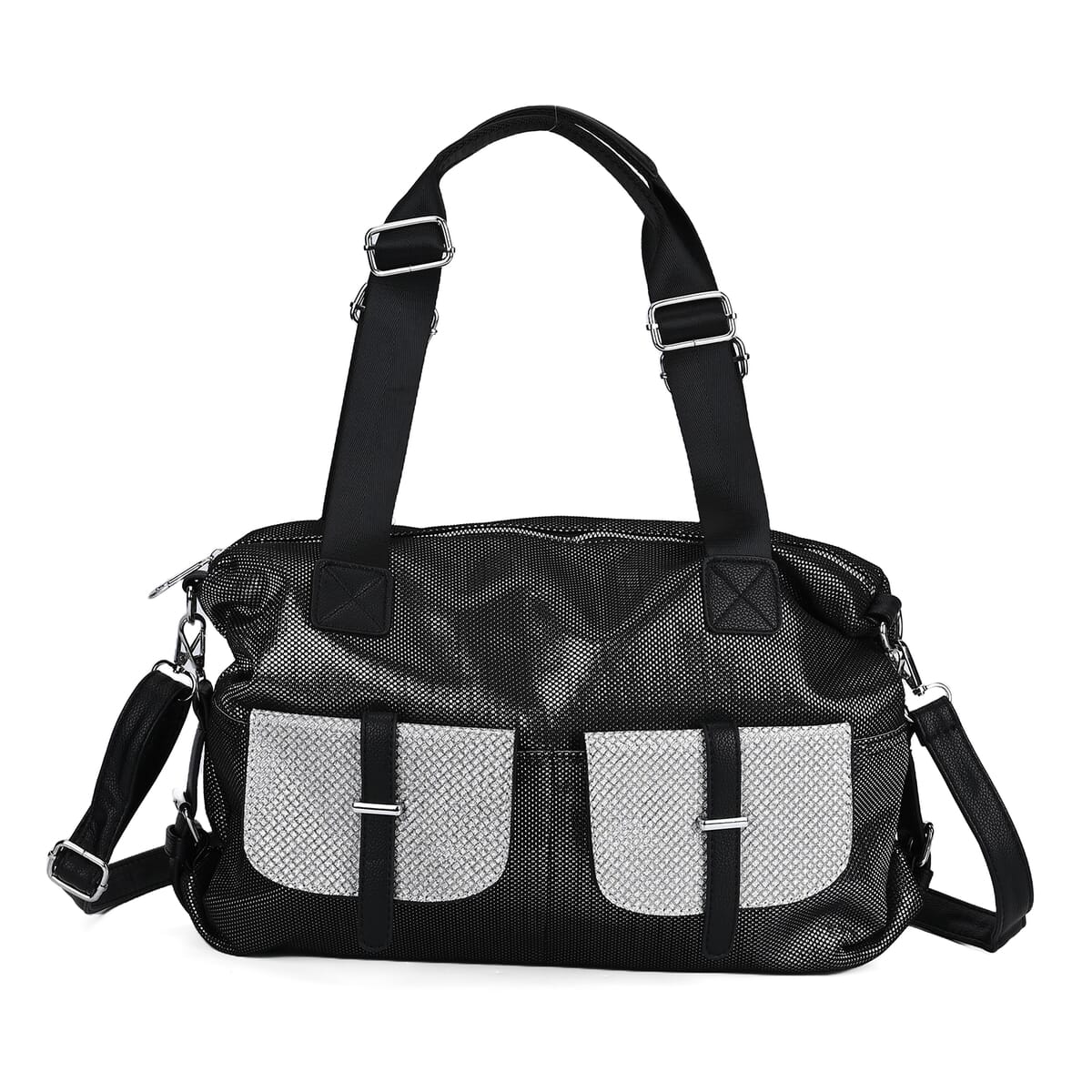 Silver Faux Leather Crossbody Bag (17x15.7x12.5) with Handle Drop (7) and Detachable Shoulder Strap image number 0