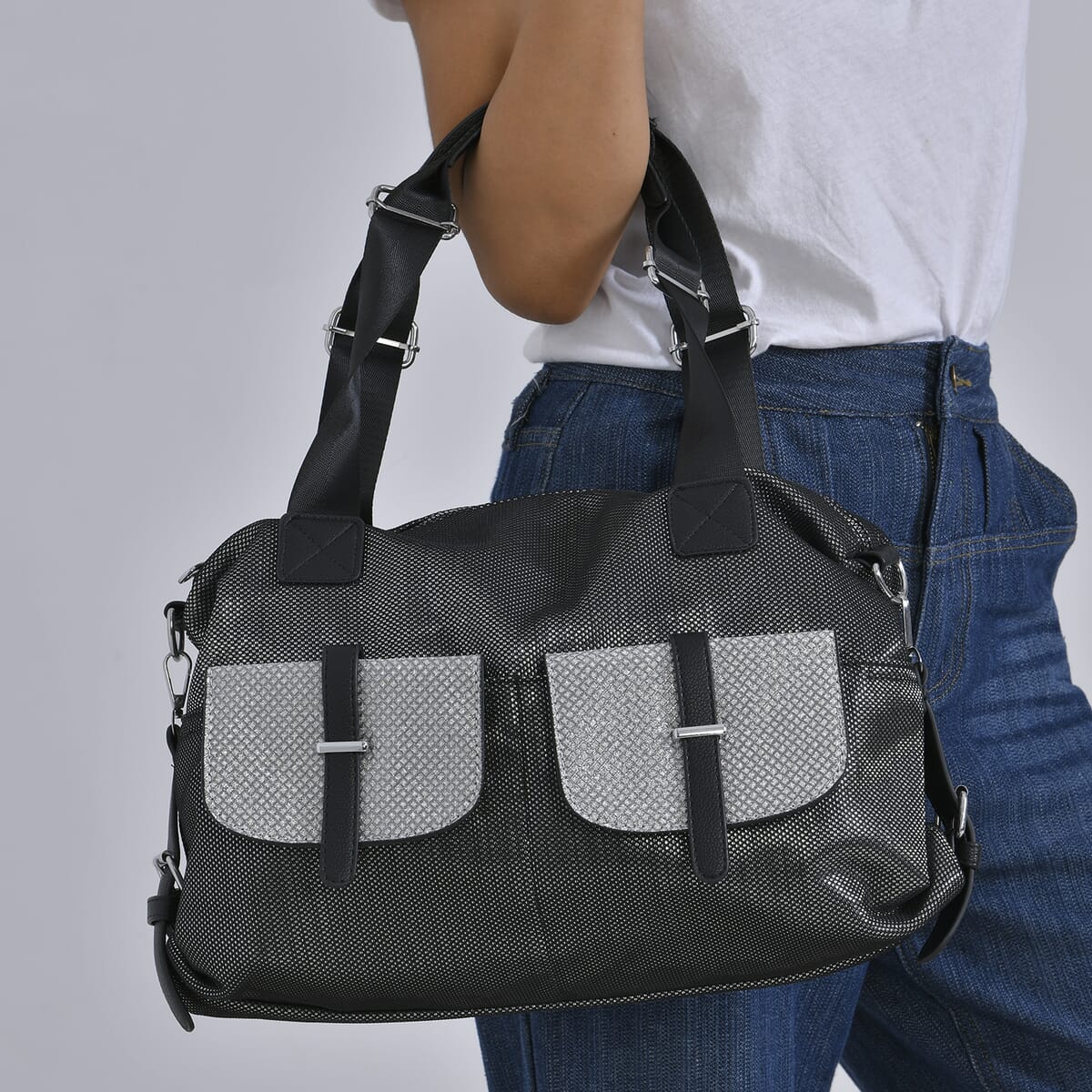 Silver Faux Leather Crossbody Bag (17x15.7x12.5) with Handle Drop (7) and Detachable Shoulder Strap image number 2
