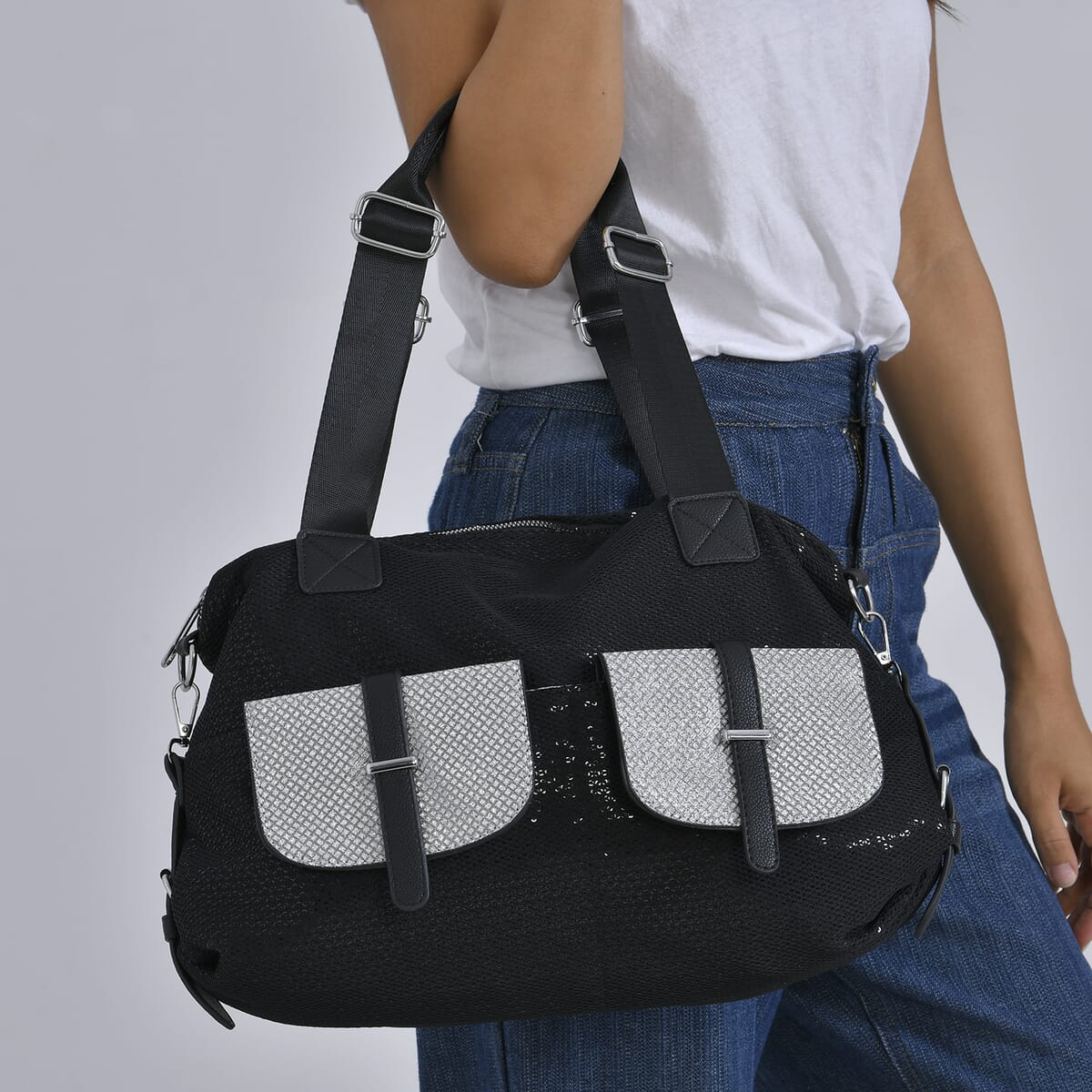 Value Buy Black Faux Leather Crossbody Bag (17x15.7x12.5) with Handle Drop (7) and Detachable Shoulder Strap image number 2