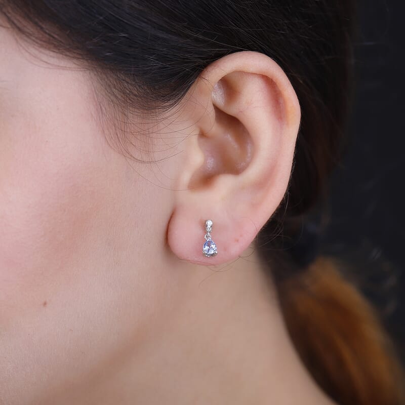 Ceylon Blue Sapphire and White Zircon 0.85 ctw Drop Earrings in Rhodium Over Sterling Silver