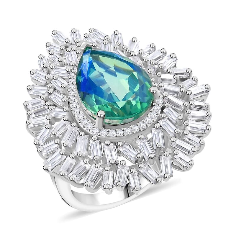 D'Joy Peacock Quartz (Triplet) and Moissanite 8.25 ctw White Peacock Feather Ring in Rhodium Over Sterling Silver (Size 10.0)