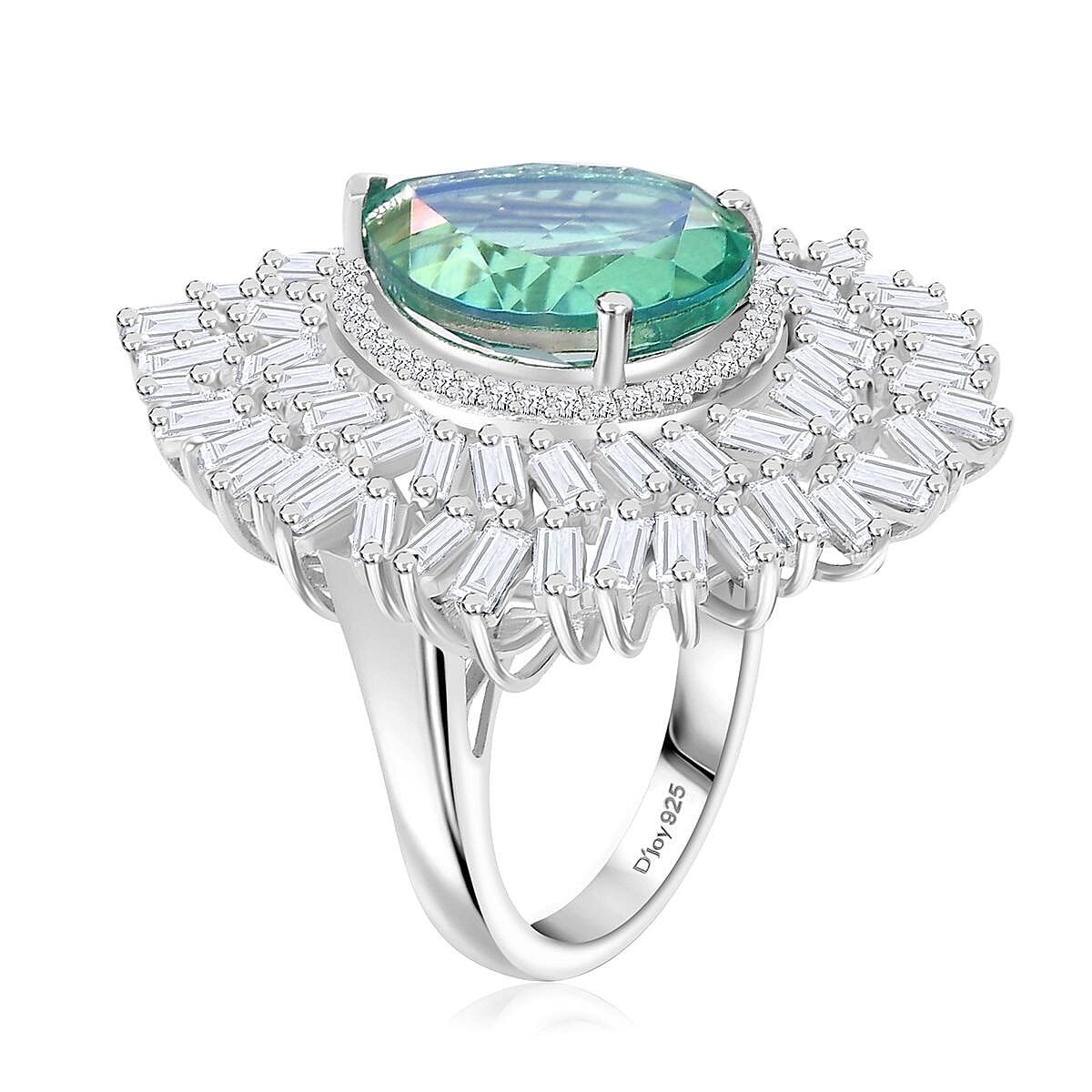 D'Joy Peacock Quartz (Triplet) and Moissanite 8.25 ctw White Peacock Feather Ring in Rhodium Over Sterling Silver (Size 10.0)