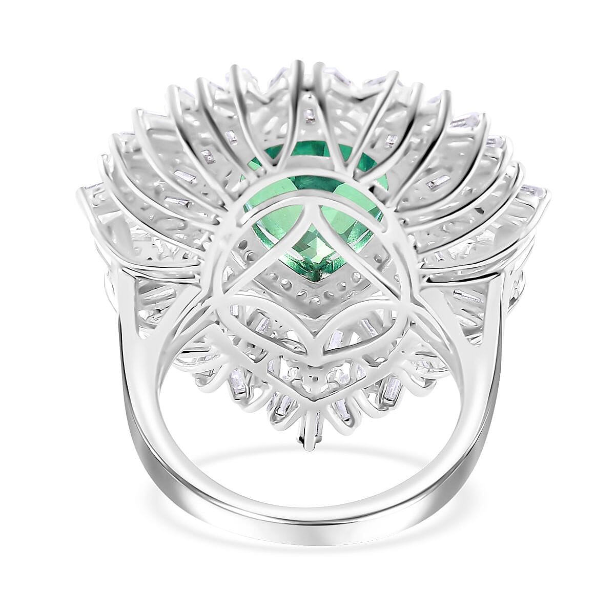 D'Joy Peacock Quartz (Triplet) and Moissanite 8.25 ctw White Peacock Feather Ring in Rhodium Over Sterling Silver (Size 10.0)