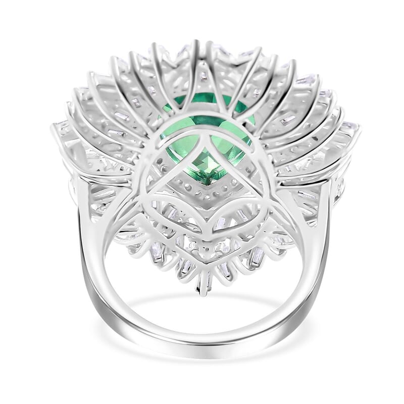 D'Joy Peacock Quartz (Triplet) and Moissanite 8.25 ctw White Peacock Feather Ring in Rhodium Over Sterling Silver (Size 10.0)