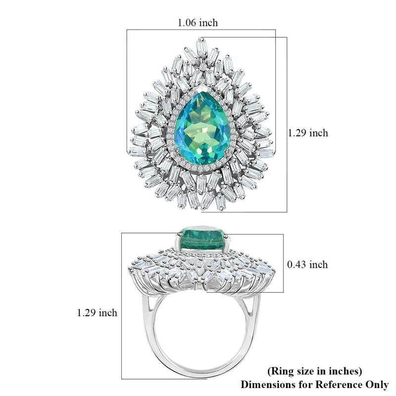 D'Joy Peacock Quartz (Triplet) and Moissanite 8.25 ctw White Peacock Feather Ring in Rhodium Over Sterling Silver (Size 10.0)