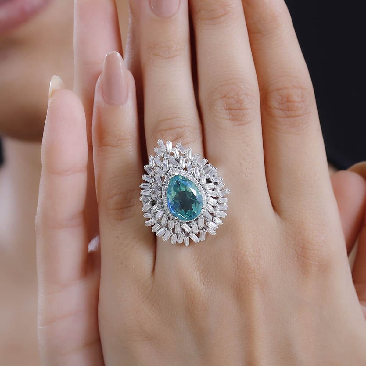 Peacock Quartz (Triplet) and Moissanite 8.25 ctw White Peacock Feather Ring in Rhodium Over Sterling Silver (Size 6.0) image number 2