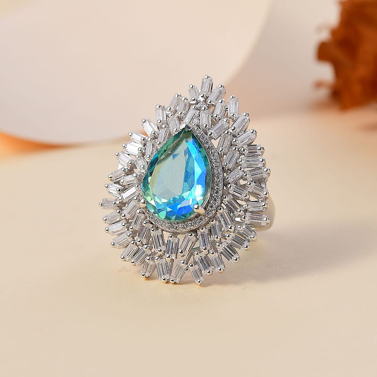 D'Joy Peacock Quartz (Triplet) and Moissanite 8.25 ctw White Peacock Feather Ring in Rhodium Over Sterling Silver (Size 9.0) image number 1