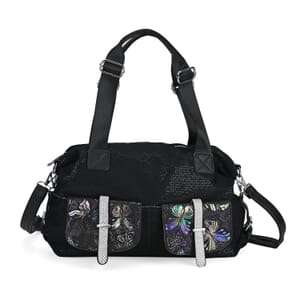 Black Butterfly Faux Leather Crossbody Bag with Handle Drop and Detachable Shoulder Strap