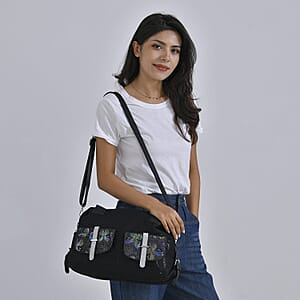 Black Butterfly Faux Leather Crossbody Bag with Handle Drop and Detachable Shoulder Strap