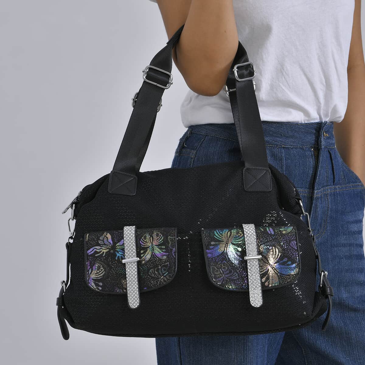 Black Butterfly Faux Leather Crossbody Bag with Handle Drop and Detachable Shoulder Strap image number 2