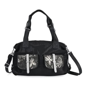 Black Butterfly Faux Leather Crossbody Bag with Handle Drop and Detachable Shoulder Strap