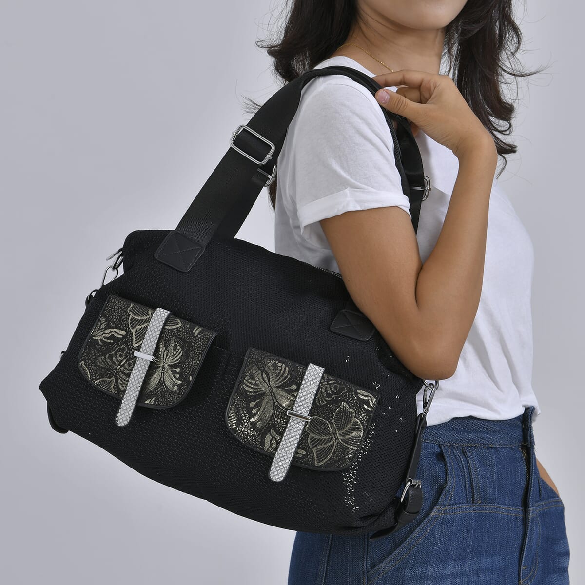 Black Butterfly Faux Leather Crossbody Bag with Handle Drop and Detachable Shoulder Strap image number 2