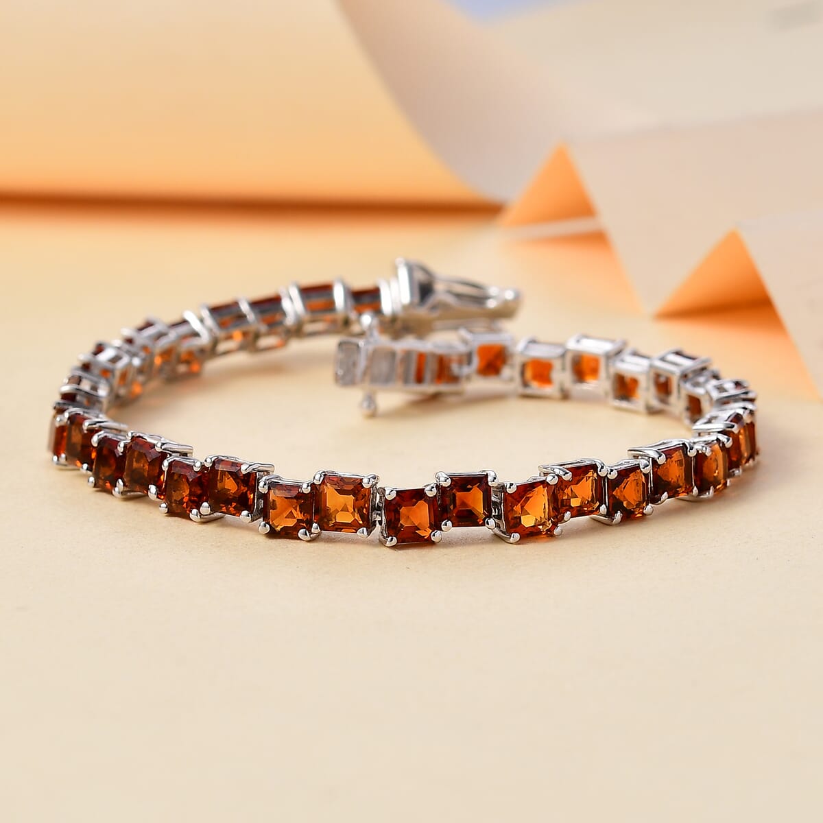 Brazilian Cherry Citrine 12.25 ctw Art Deco Bracelet in Rhodium Over Sterling Silver (8.00 In) image number 1