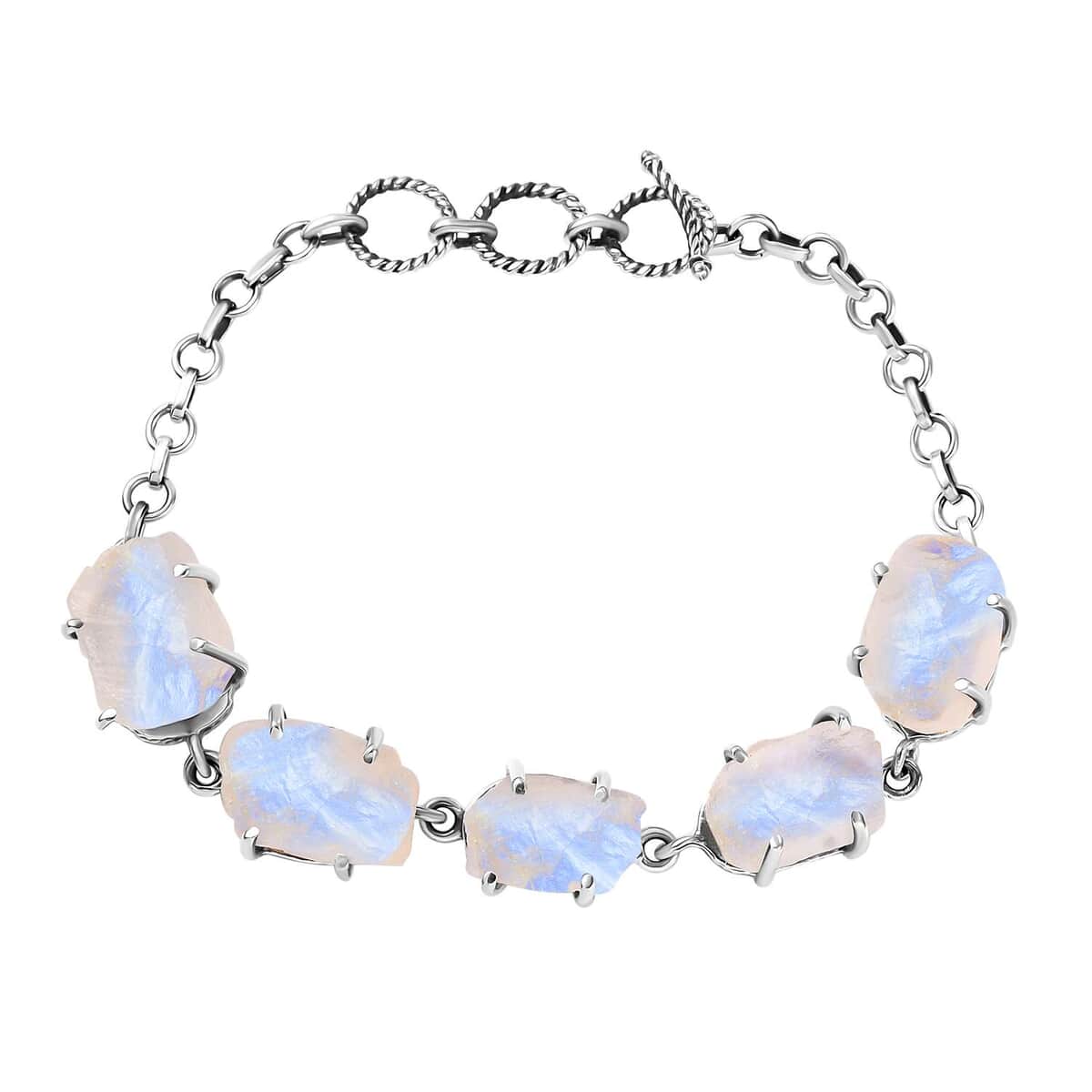 Artisan Crafted Rough Cut Rainbow Moonstone 50.75 ctw Fancy Bracelet in Sterling Silver (6.50-8.0In) image number 0