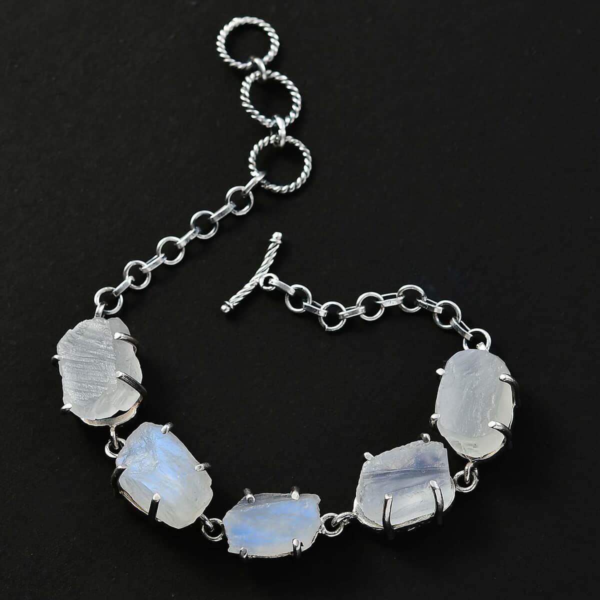 Artisan Crafted Rough Cut Rainbow Moonstone 50.75 ctw Fancy Bracelet in Sterling Silver (6.50-8.0In) image number 1