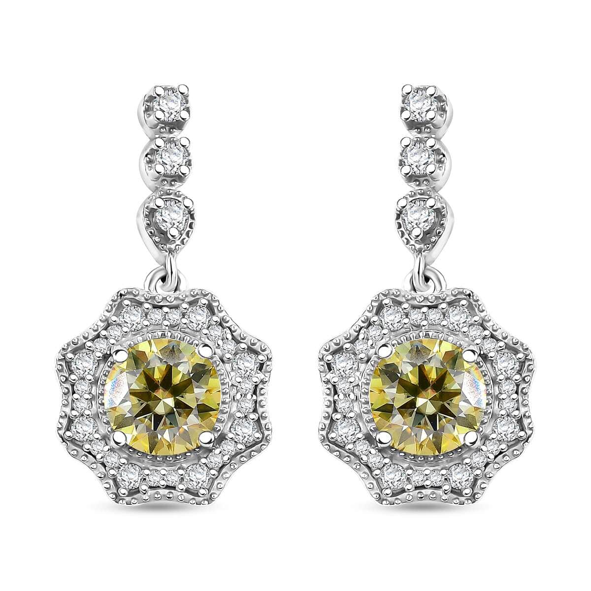 Yellow and White Moissanite 2.20 ctw Sunflower Earrings in Rhodium Over Sterling Silver image number 0