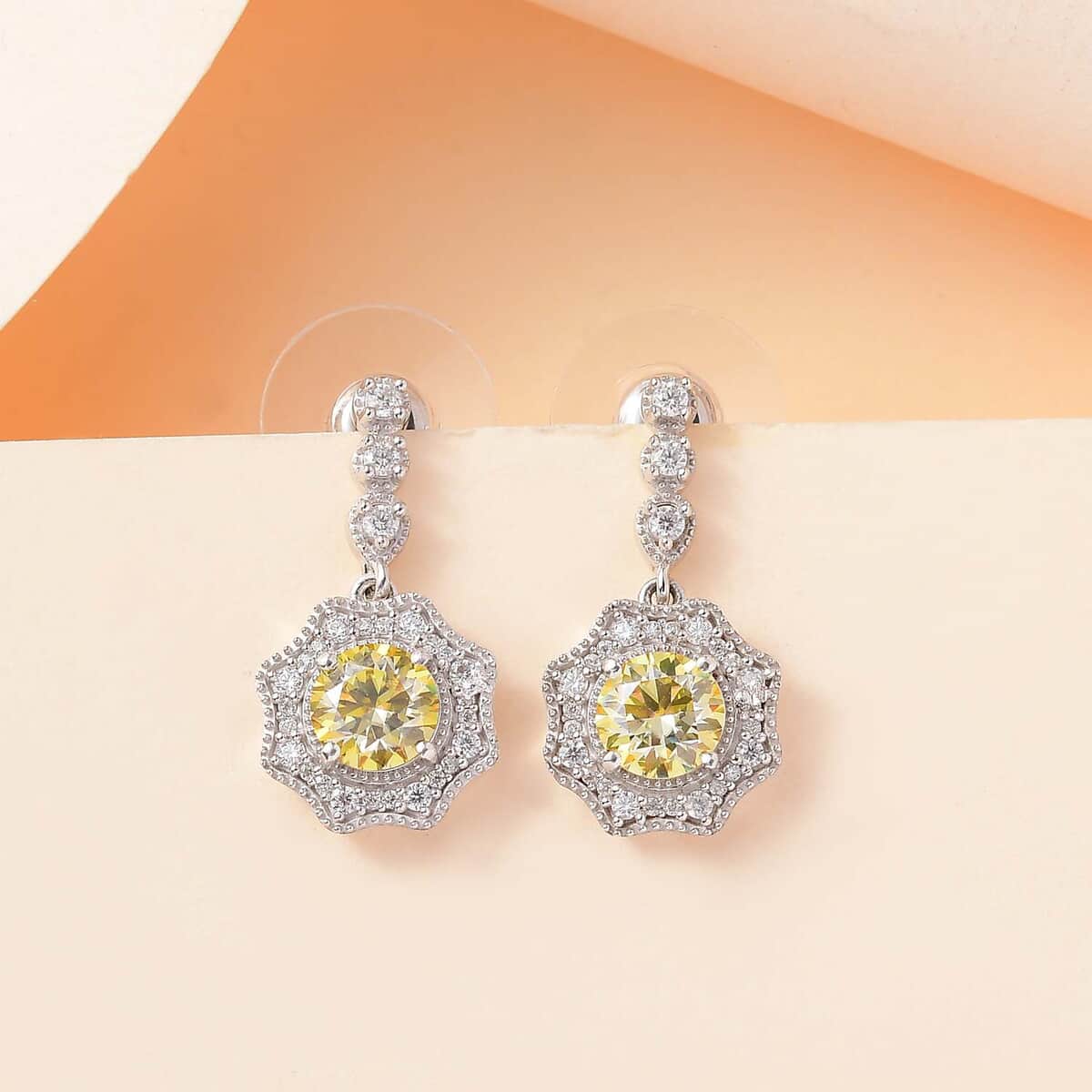 Yellow and White Moissanite 2.20 ctw Sunflower Earrings in Rhodium Over Sterling Silver image number 1