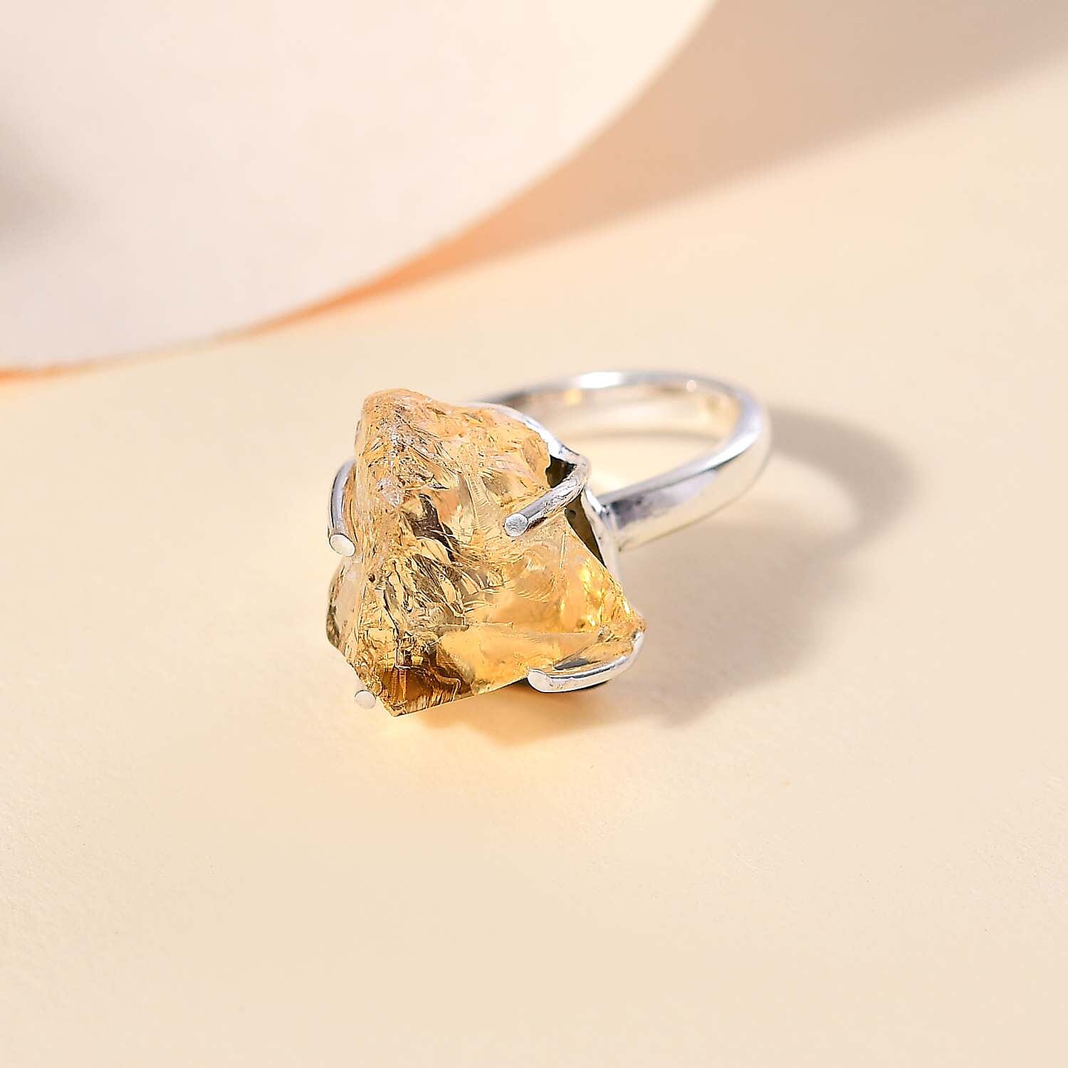 D'Joy Artisan Crafted Rought Cut Brazilian Citrine 13.00 ctw Solitaire Ring in Sterling Silver (Size 10.0)