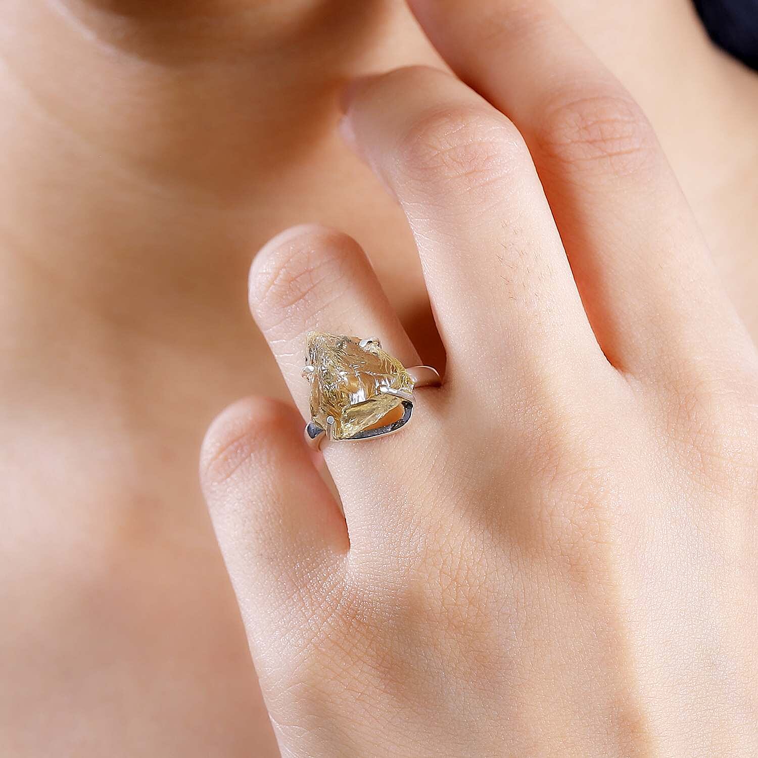 D'Joy Artisan Crafted Rought Cut Brazilian Citrine 13.00 ctw Solitaire Ring in Sterling Silver (Size 10.0)