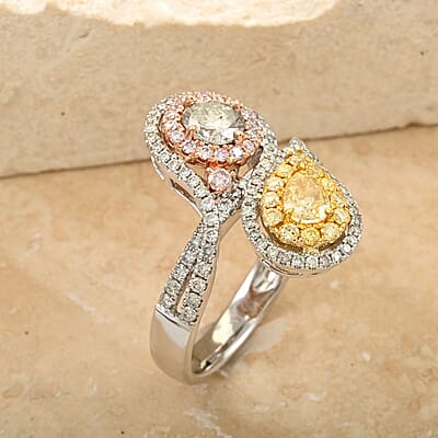 Modani Natural Yellow, White and Pink Diamond 1.50 ctw Ring in 14K White, Yellow and Rose Gold 5 Grams
