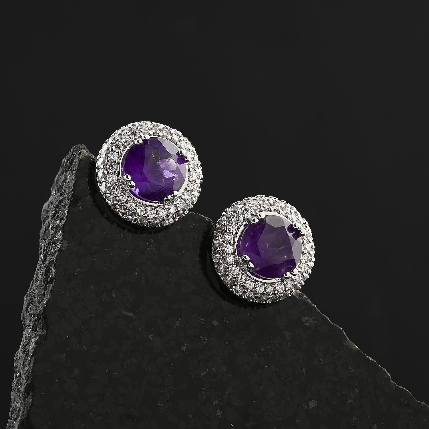 Amethyst and Simulated Diamond 4.00 ctw Earrings in Silvertone