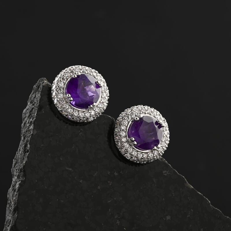 Amethyst and Simulated Diamond 4.00 ctw Earrings in Silvertone
