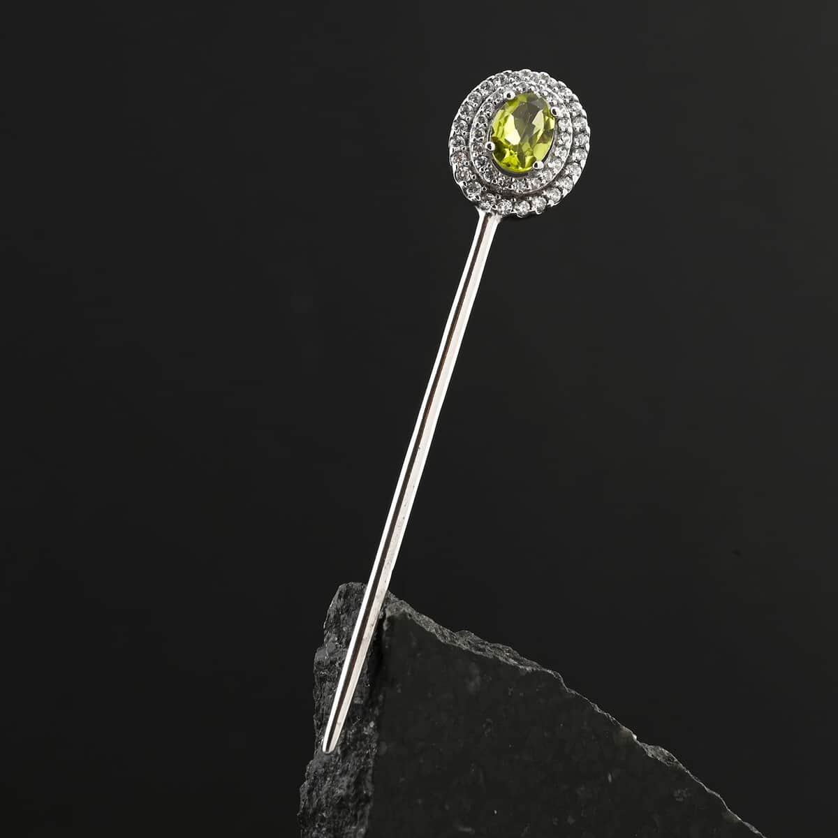 Simulated Peridot and Simulated Diamond 1.20 ctw Brooch in Sterling Silver image number 1