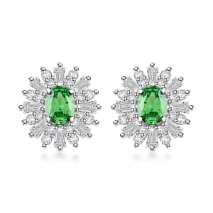 Simulated Emerald and Simulated Diamond 6.65 ctw Earrings in Silvertone