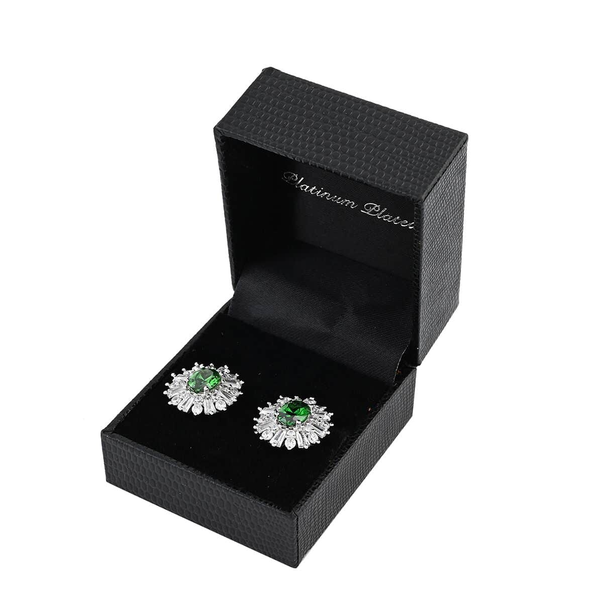 Simulated Emerald and Simulated Diamond 6.65 ctw Earrings in Silvertone image number 5