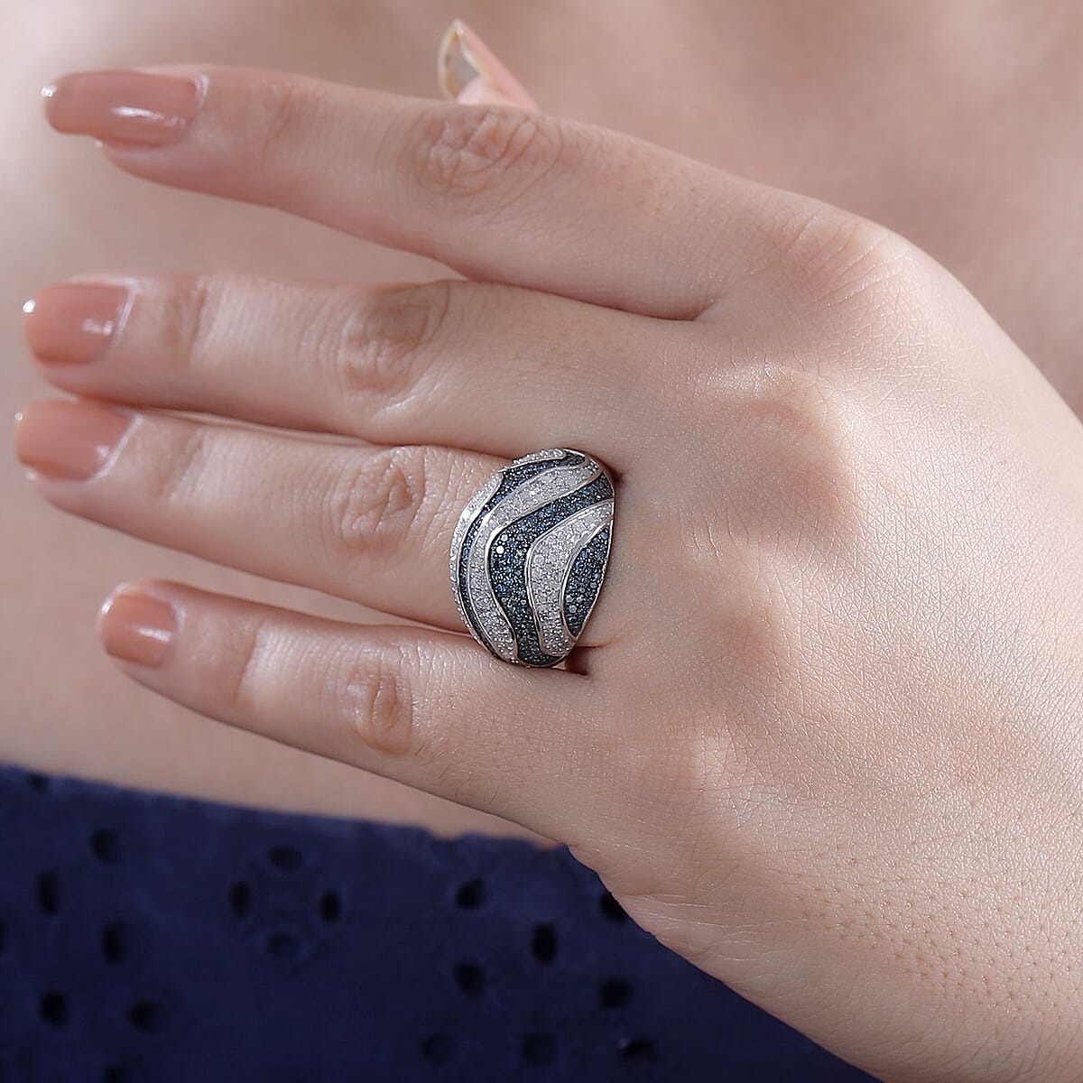 GP Special Venetian Sky Collection Blue and White Diamond 1.00 ctw Ring in Rhodium Over Sterling Silver (Size 8.0) image number 2