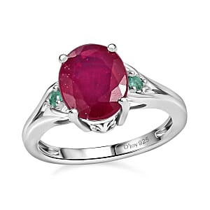 Niassa Ruby (FF) and Emerald 4.00 ctw Statement Ring in Platinum Over Sterling Silver (Size 9.0)