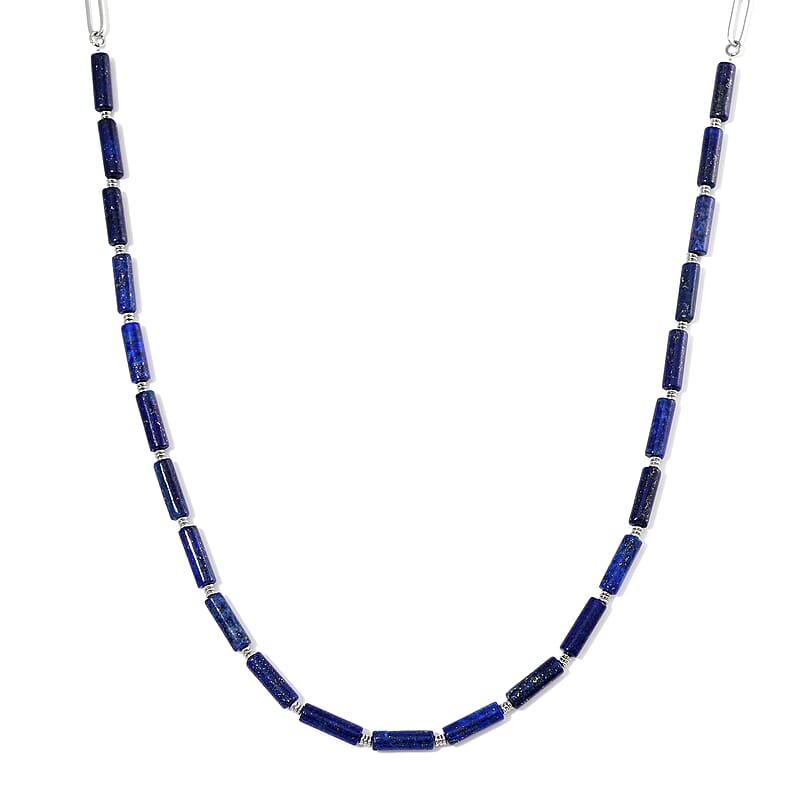 Lapis Lazuli 62.50 ctw Barrel Shape Paper Clip Chain Necklace in Stainless Steel 20-22 Inches