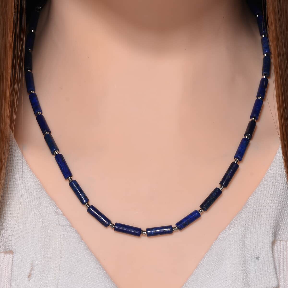 Ankur Treasure Chest Lapis Lazuli Barrel Shape Paper Clip Chain Necklace (20-22 Inches) in Stainless Steel 62.50 ctw image number 1