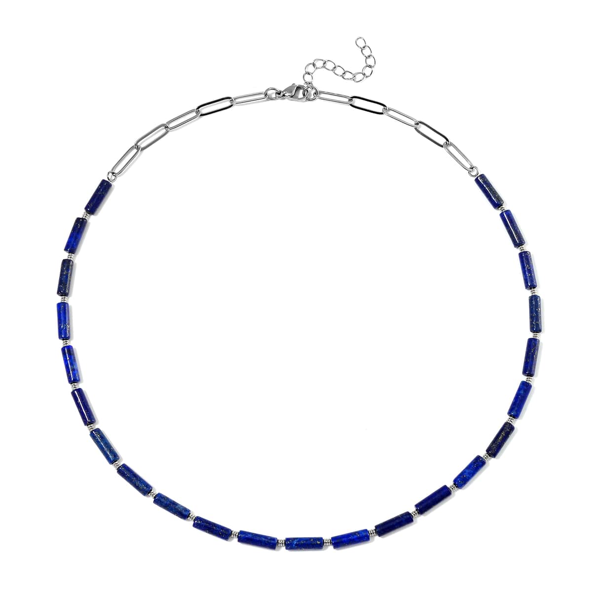 Ankur Treasure Chest Lapis Lazuli Barrel Shape Paper Clip Chain Necklace (20-22 Inches) in Stainless Steel 62.50 ctw image number 2