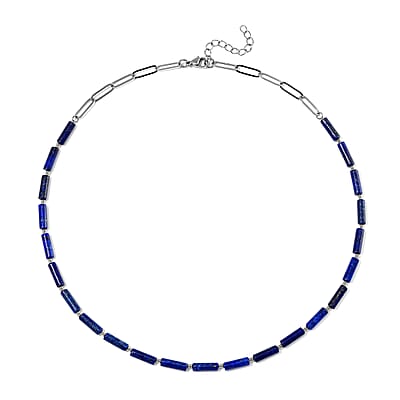 Lapis Lazuli 62.50 ctw Barrel Shape Paper Clip Chain Necklace in Stainless Steel 20-22 Inches