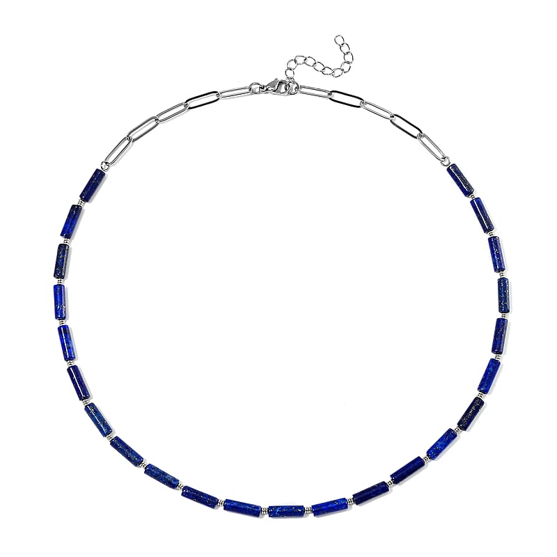 Lapis Lazuli 62.50 ctw Barrel Shape Paper Clip Chain Necklace in Stainless Steel 20-22 Inches