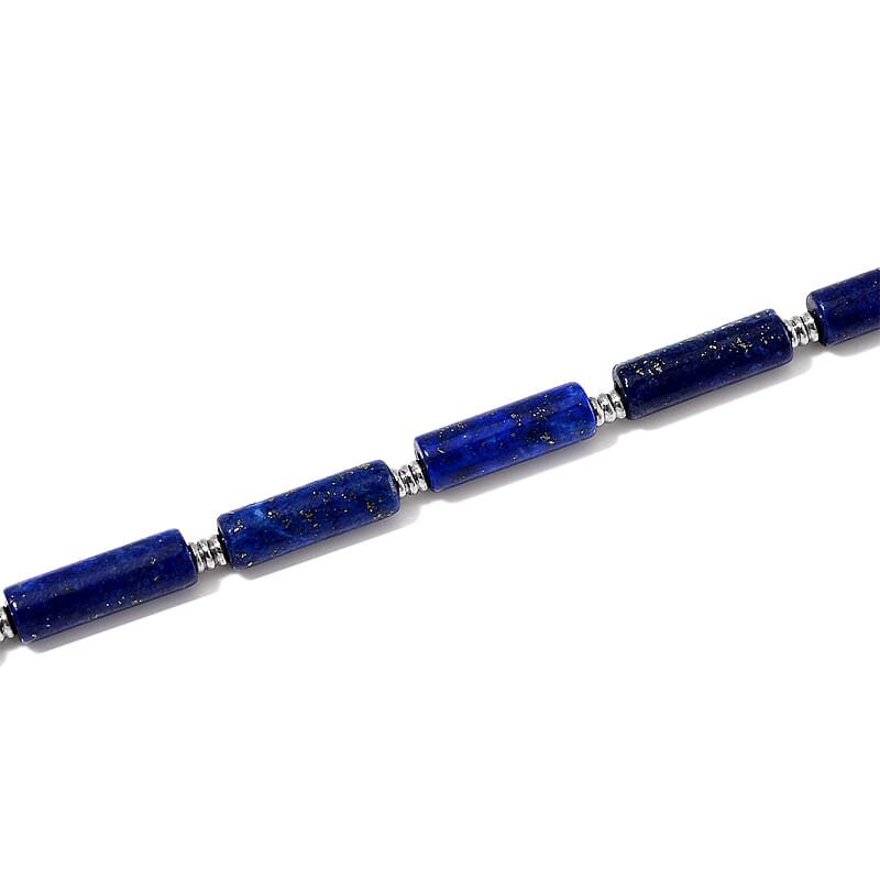 Lapis Lazuli 62.50 ctw Barrel Shape Paper Clip Chain Necklace in Stainless Steel 20-22 Inches