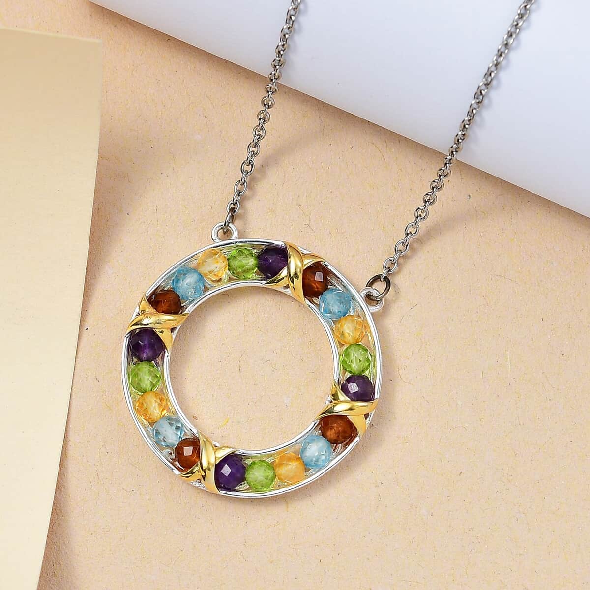 Karis Multi Gemstone 6.40 ctw XOXO Circle Necklace in 18K YG Plated, Platinum Bond and Stainless Steel 18 Inches image number 1