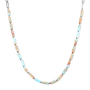 Multi Color Jade (D) 62.50 ctw Barrel Shape Paper Clip Chain Necklace in Stainless Steel 20-22 Inches 