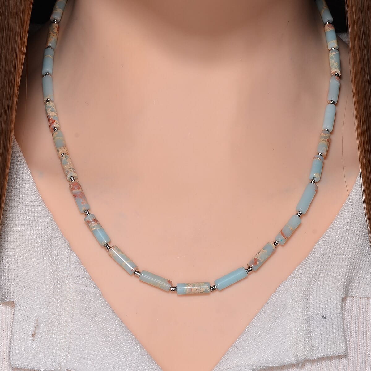 Multi Color Jade (D) 62.50 ctw Barrel Shape Paper Clip Chain Necklace in Stainless Steel 20-22 Inches  image number 1