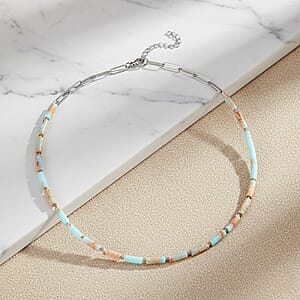 Multi Color Jade (D) 62.50 ctw Barrel Shape Paper Clip Chain Necklace in Stainless Steel 20-22 Inches 