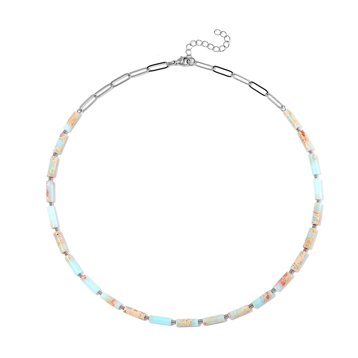 Multi Color Jade (D) 62.50 ctw Barrel Shape Paper Clip Chain Necklace in Stainless Steel 20-22 Inches  image number 2