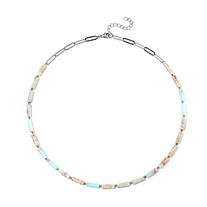 Multi Color Jade (D) 62.50 ctw Barrel Shape Paper Clip Chain Necklace in Stainless Steel 20-22 Inches 