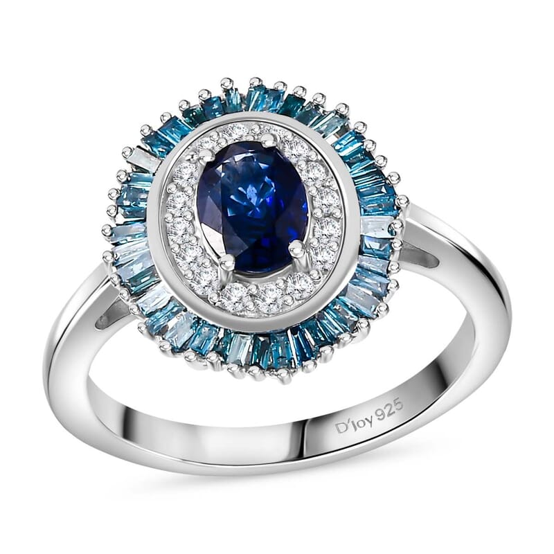 D'Joy Ceylon Blue Sapphire, Blue and White Diamond 1.40 ctw Midnight Halo Ring in Rhodium Over Sterling Silver (Size 10.0)